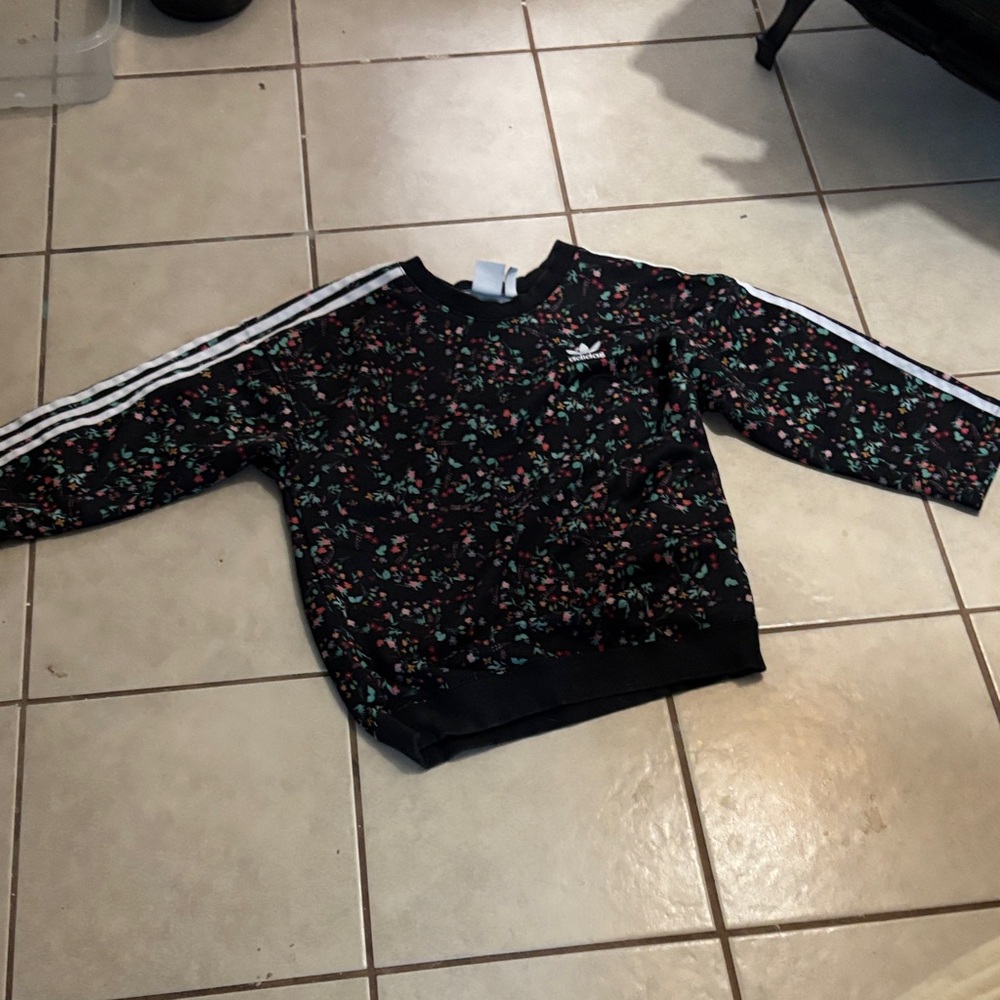 adidas Black Floral Kids Crewneck Sweatshirt with White Three Stripes